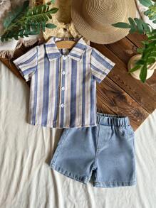SHEIN Vintaside Kids Baby Boy Casual Outfit Set: Collared Short Sleeve Striped Shirt With Washed Denim Shorts, Suitable For Spring/Summer Wear, Home, Vacation, Gathering, Providing Comfortable And Fashionable Look - Multicolor - View 5