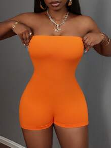 Slaydiva 休闲运动基本款抽绳褶皱橙色女式连体裤 - 橘色 - 查看 3