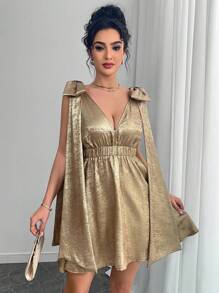 Chiquease Abito da donna monocolore con fiocco metallico e senza maniche - Dorato - Visualizzare 4