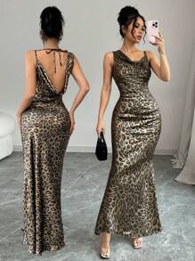 Calvaya Elegante abito lungo da donna con schiena aperta, stampa leopardata dorata, adatto per appuntamenti, feste e uso quotidiano, sexy