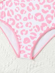 Tween Girl 1-Piece Swimsuit With Leopard Print, Ruffle Trim & Cutout Side Design - Multicolor - View 3