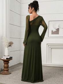 Modelyn V-Neck Ruched Waist Women Extra Long Dress, Urban Elegant Women Extra Long Dress,Summer Outfits For Women,Mesh Dress