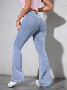SHEIN PETITE Quần Jeans Ống Loe Ôm Dáng Thường Ngày Cho Nữ - Rửa nhẹ - Xem 2