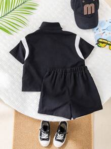 SHEIN Babyboy/Babygirl Colorblock Casual Sports Short Sleeve Jacket With Elastic Waist Colorblock Shorts Set, Summer