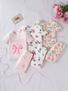 Bộ đồ ngủ 6 món cho bé gái, gồm áo ngắn tay và quần short, họa tiết nơ và hoa. - Nhiều màu - Xem 3