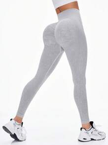 Seamless & High Stretch Workout Leggings, Ribbed Skinny Tights - Light Grey - View 3