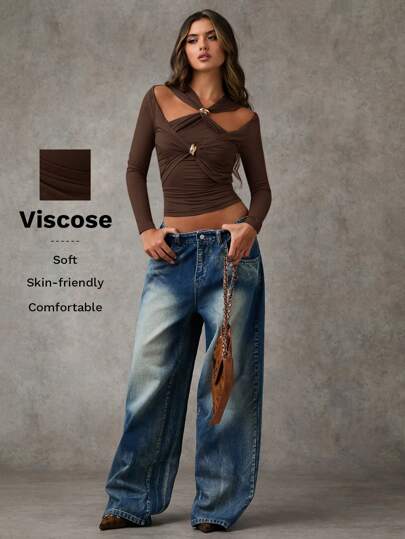 SHEIN BAE 女式纯色镂空长袖短款修身 T 恤，秋季