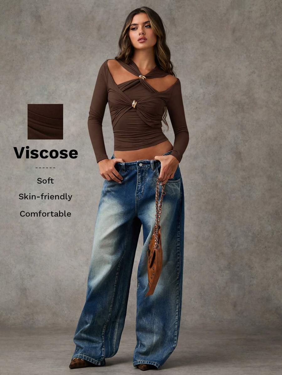 SHEIN BAE Women's Solid Color Cut-Out Long Sleeve Cropped Fitted T-Shirt, Autumn - Coffee Brown - View 1