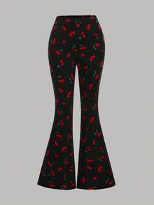 Girlism 少女休闲樱桃字母印花落肩圆领厚款 T 恤和全身樱桃印花喇叭裤 2 件套