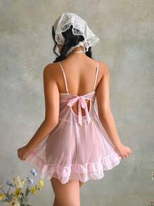2pcs Romantic, Cute, Sexy Floral Lace Bow, Ruffle Hem, Tie Strap Women Lingerie Set, Includes Nightgown And Panty, Black And Pink - Pink - View 2