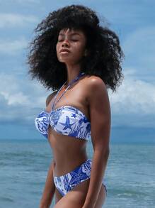 Slaydiva 3pcs Women's Swimsuit Set, Spring Break Style, Starfish & Seashell Print, Strapless, Drawstring Waist Skirt, Fashionable Casual Beach Vacation