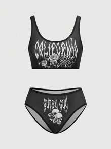 ROMWE Gothic Skeleton, Spider Web Printed Lingerie Set, Tank Top And Boyshort Panty - Black - View 1