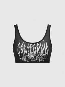 ROMWE Gothic Skeleton, Spider Web Printed Lingerie Set, Tank Top And Boyshort Panty - Black - View 6