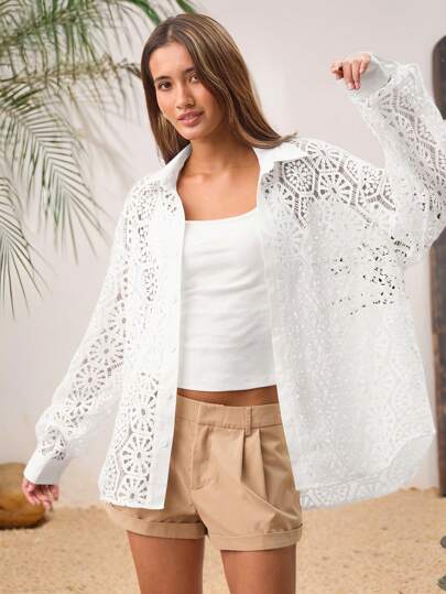 Manfinity VCAY Unisex Woven Patchwork Water-Soluble Lace Loose Drop Shoulder Long Sleeve Sheer Solid Color Shirt