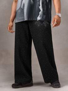 Manfinity VCAY 大码男士宽松街头蜘蛛印花闪亮长裤 - 黑色 - 查看 5