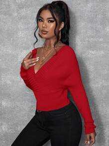 SHEIN SXY Solid Color Long Sleeve Sweaters, Casual Pullover,Long Sleeve Tops In Fall/Winter - Red - View 6