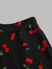 Girlism 少女休闲樱桃字母印花落肩圆领厚款 T 恤和全身樱桃印花喇叭裤 2 件套