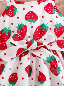 Bộ váy tay lỡ in họa tiết quả dâu tây cho bé gái + mũ + thắt lưng - Đỏ - Xem 6