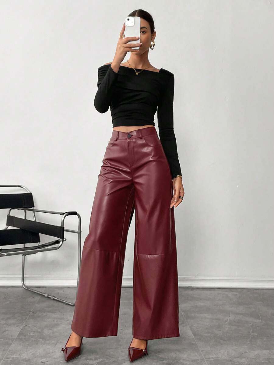 SHEIN Essnce Quần da đỏ nữ, quần âu tối giản cài nút phía trước, mặc hàng ngày - Màu Đỏ Sâu - Xem 1