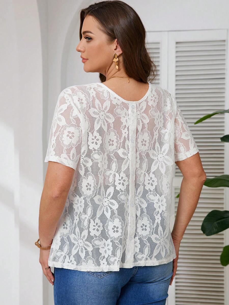 SHEIN Frenchy Plus Size Women Simple Casual Lace Pullover Biała Bluzka