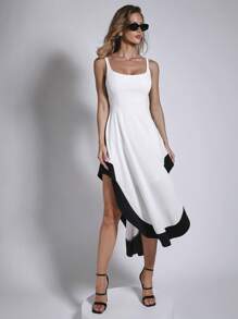 COSMINA Women's Elegant Black & White Asymmetrical Hem Mid-Length Slip Dress, Suitable For Office And Commuting, Spring/Summer