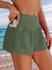 SHEIN Swim Vacation Casual Solid Color Wide Waist Side Pocket Beach Shorts For Summer - Green - View 1