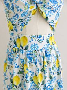 Soleia WYWH Women's Vacation V-Neck Tie Waist A-Line Spring/Summer Midi Dress, Tropical Print Spaghetti Strap Dress
