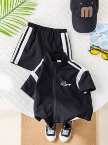SHEIN Babyboy/Babygirl Colorblock Casual Sports Short Sleeve Jacket With Elastic Waist Colorblock Shorts Set, Summer