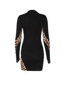 INAWLY Women's Contrast Color Stand Collar Long Sleeve Colorblock Mesh Contrast Splicing Soft Sexy Interior Outfit Mini Dress Women Fall Sexy Dress