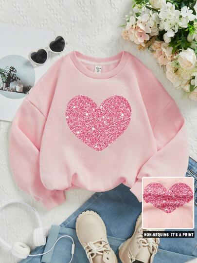 SHEIN Young Girls' Casual Heart Pattern Long Sleeve Crew Neck Sweatshirt, Suitable For Autumn And Winter