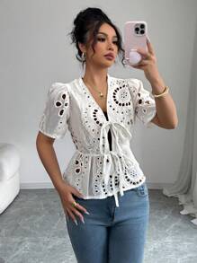 Chiquease Women's Tie Front Embroidered Puff Sleeve Blouse