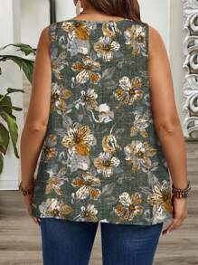 EMERY ROSE Plus Size Loose Ruched Tank Top With Khaki Ditsy Floral, Adjustable Strap, Suitable For Spring/Summer Resort Wear - Multicolor - View 2
