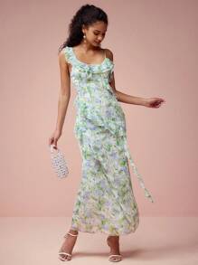 Enchnt Spring/Summer Romantic Women's Green Floral Print Ruffle Suspender Mermaid Maxi Dress,Sweet&Elegant For Birthday&Holiday Party&Wedding Season&Sweet Date &Prom&Garden Parties&Vacation