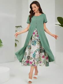 Lacomfia 女士优雅热带印花拼布二合一连衣裙 - 綠色 - 查看 1