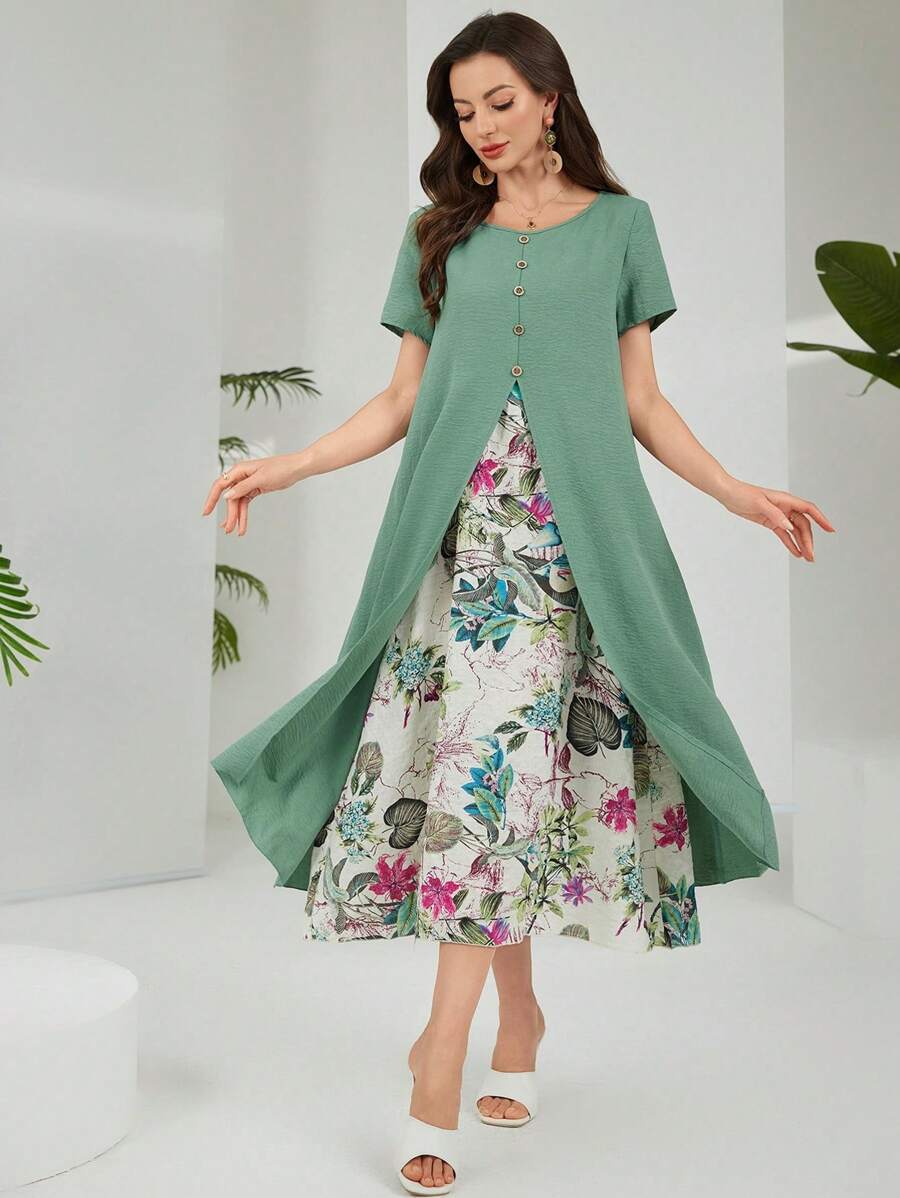 Lacomfia 女士优雅热带印花拼布二合一连衣裙 - 綠色 - 查看 1