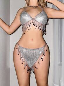 Sweetina Women's Adjustable Sparkly Diamond Casual Top & Mini Skirt Cover Up Set, Minimalist & Fashionable For Everyday, For Summer Beach Vacation - Silver - View 8