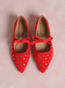 CUCCOO CURVES Giày bệt mũi nhọn giản dị màu trơn trang trí nơ đính đinh tán mùa xuân/thu 2024 - Đỏ - Xem 5