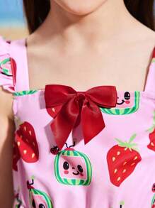 CoComelon X SHEIN Young Girl Cartoon Strawberry & Watermelon Print Cap Sleeve Cute Sweet Dress - Multicolor - View 8