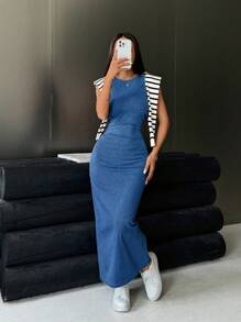 K-Vae Women's Denim Dress Casual Tight Stretch Sleeveless Blue Tight Long Dress Tall Ladies Dress Elegant Dress Summer Summer Outfits For Women Romantic Dresses Summer Dresses For Women Tall Women Clothes Tall Women Tall Women Clothes  Nice Dress For Women Casual Dresses For Woman Women Midi Dresses Casual Dresses For Women
