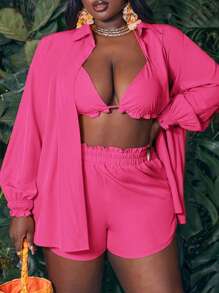 Slaydiva Bộ 3 đồ bơi bikini thường ngày cỡ lớn cho kỳ nghỉ - Màu Hồng Tươi - Xem 2