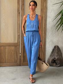 SHEIN VCAY Damen einfarbiger Jumpsuit mit Knöpfen vorne, Ärmellos, mit Taschen, Lässig - Blau - Übersicht 1