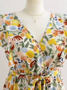 Soleia Plus Size Women's Spring Floral Print Tie-Waist Deep V-Neck Drawstring Vacation/Beach Midi Dress - Multicolor - View 3