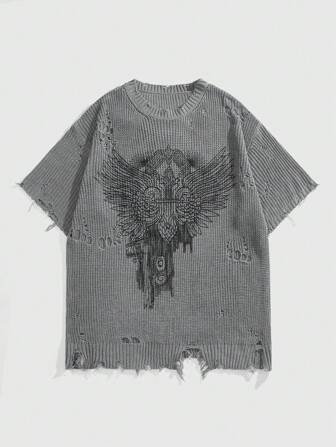 Goth Sudadera con efecto desgastado con cuello redondo y estampa gráfica oscura para hombre, ropa urbana