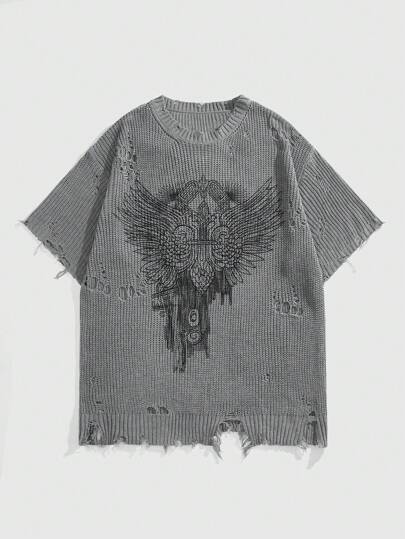 Grunge Punk Men's Grunge Round Neck Distress Effect Dark Graphic Printed Knit Streetwear Pullover