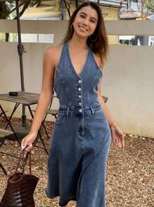 DAZY Backless Halter Neck Denim Dress With Flared Dress And Waistline For Women Summer - Medium Wash - View 5
