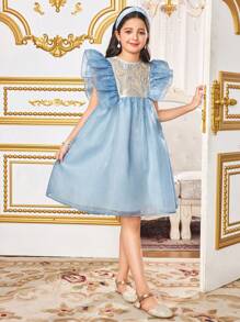 SHEIN Tween Girls Ruffle Patchwork Bowknot Back Organza Dress - Blue - View 8