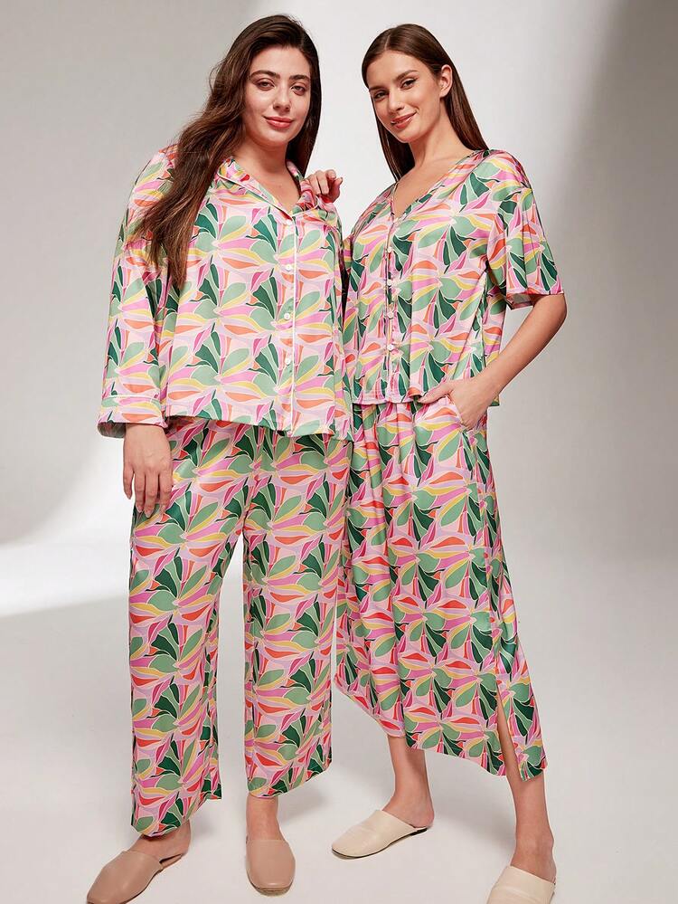 Conjunto de pijama largo de satén con estampado floral para mujer talla grande, conjunto de lencería con pantalones con bolsillos, ropa interior nupcial, pijamas de otoño e invierno