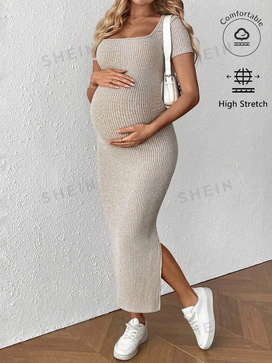 SHEIN Vestido casual de maternidad de cuello cuadrado sólido, de manga corta con hendidura lateral