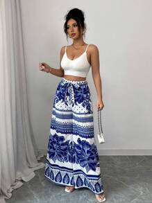 Elenzga Nouveaux pantalons larges à imprimé bleu sur base blanche pour femme, idéal pour les vacances, printemps/été