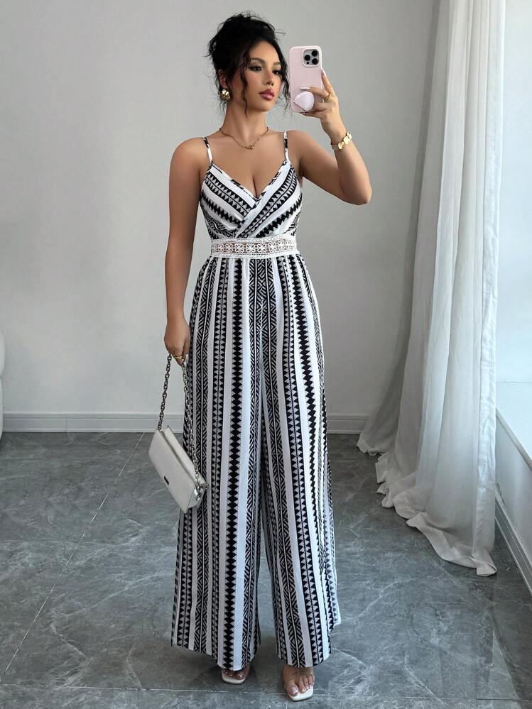 Selianne Women's Lace Patchwork Spaghetti Strap Jumpsuit, Minimalist & Fashionable For Casual Daily Wear - Black and White - View 4